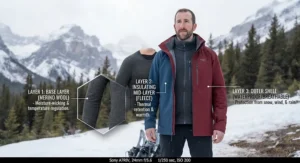 Illustration of a traditional three-layer winter clothing system including base layer, insulating mid-layer, and outer shell.