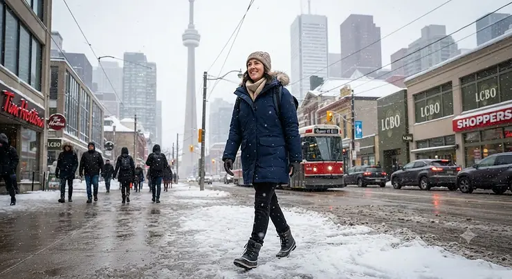 Woman wearing an insulated urban winter parka while walking through a snowy downtown Toronto street.