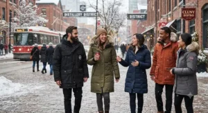 Lifestyle illustration of friends wearing various styles of urban winter parkas outdoors in a snowy Canadian city.