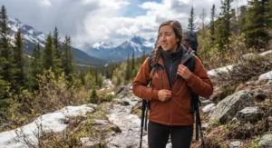 An outdoor enthusiast adjusting a versatile 3-in-1 jacket for hiking during unpredictable spring weather in Canada.