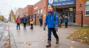 A student walking to school wearing a versatile, top rated 3-in-1 jacket for kids during changing seasonal weather.