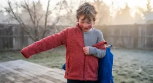 A youth trying on the detachable fleece liner from a top rated 3-in-1 jacket for kids on a brisk morning.