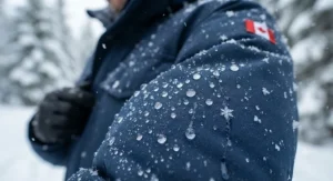 Illustration of a water-resistant outer shell tested during a snowy Canadian-made winter parka review.