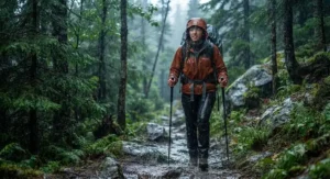 A hiker staying dry in heavy rain while wearing a waterproof 3-in-1 jacket for hiking in a Canadian forest.