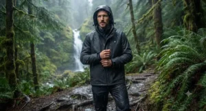 Waterproof convertible system jacket protecting against heavy spring rain in British Columbia.