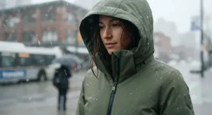 Close-up of a waterproof long puffer coat hood and zipper while standing in winter precipitation in Vancouver.