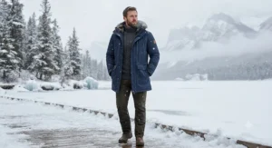 Stylish navy blue waterproof long winter coat for men designed for sub-zero temperatures and wet Canadian snowfalls.