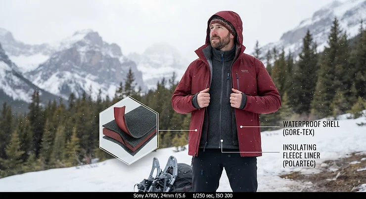 Illustration showing a versatile 3-in-1 jacket featuring a waterproof outer shell and a cozy fleece liner for variable Canadian climates. convertible 3-in-1 jacket vs separate layers