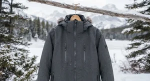 Waterproof outer shell of an interchange jacket built to withstand snowy Canadian conditions.
