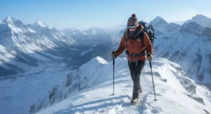A hiker navigating a snowy ridge wearing a thermal 3-in-1 jacket for hiking in cold Canadian winter conditions.