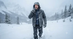 Insulated convertible system jacket built for cold Canadian winter snowstorms.