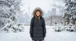 A woman wearing a heavy insulated puffer jacket outdoors during a cold snowy day in Canada