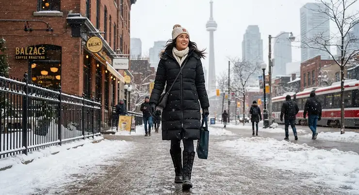 A woman wearing a stylish black long puffer coat walking down a snowy Toronto street in winter.