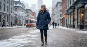 Woman wearing a navy blue urban winter parka ready for a cold winter day in the city.