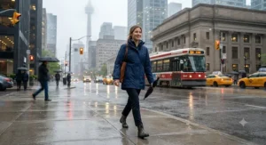 A woman in a waterproof all-season 3-in-1 jacket walking through downtown Toronto on a rainy spring morning.