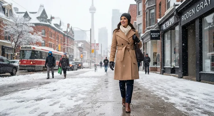A woman wearing a classic camel wool winter coat for women walking down a snowy Toronto street.