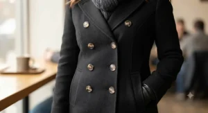 Close-up of a double-breasted black wool winter coat for women featuring deep pockets and horn buttons.