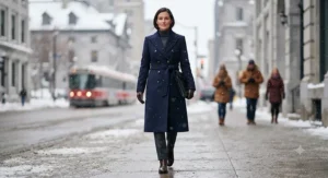A long navy blue wool winter coat for women tailored for professional wear during Canadian winters.