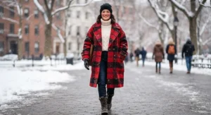 An oversized red and black plaid wool winter coat for women layered over a chunky knit sweater.