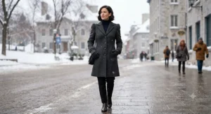 A petite fit charcoal grey wool winter coat for women designed with structured shoulders.