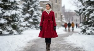 A vibrant statement red flare wool winter coat for women standing out against a snowy Canadian backdrop.