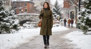 An earthy olive green wrap-style wool winter coat for women tied neatly at the waist.