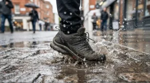 Testing Chelsea rain boots vs rubber rain boots in a deep Calgary spring puddle.
