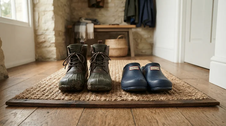 Mudroom entry display comparing Chelsea rain boots vs rubber rain boots in an Edmonton home.