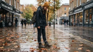 A commuter comparing Chelsea rain boots vs rubber rain boots on a rainy Vancouver sidewalk.
