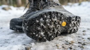 Close-up of ice grip winter boots for icy sidewalks showing retractable metal cleats on the sole.