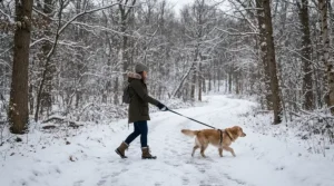 Walking a dog through a neighbourhood park wearing ice grip winter boots for icy sidewalks on packed snow.