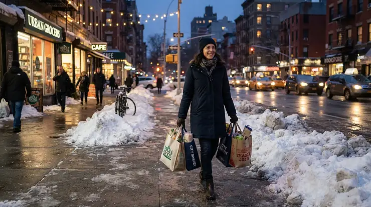 Carrying grocery bags down a slippery downtown street in ice grip winter boots for icy sidewalks.