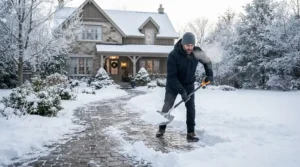 Clearing snow from a driveway while wearing ice grip winter boots for icy sidewalks in sub-zero weather.