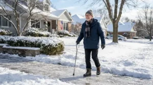 An elderly person safely navigating a frozen residential path in ice grip winter boots for icy sidewalks.