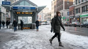 A commuter wearing ice grip winter boots for icy sidewalks near a Toronto subway station during a snowy morning.