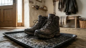 Mudroom floor holding muddy insulated rain boots for cold rainy weather beside a doormat.