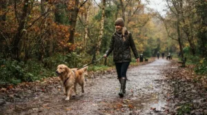 Dog walker navigating damp park paths in insulated rain boots for cold rainy weather.