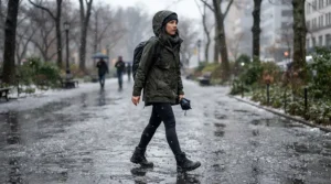 Person walking through an icy drizzle wearing insulated rain boots for cold rainy weather.