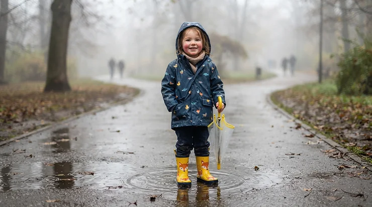 Child wearing colourful insulated rain boots for cold rainy weather waiting near a yellow bus stop.