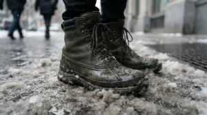A pair of insulated rain boots for cold rainy weather standing beside a slushy city curb.