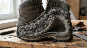Cutaway view showing soft fleece interior lining of insulated rain boots for cold rainy weather.