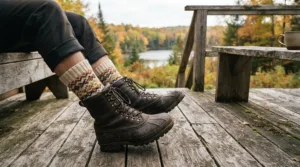 Thick wool socks worn with insulated rain boots for cold rainy weather on a wooden porch.