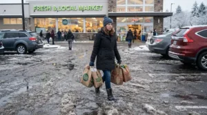 A shopper walking across an icy parking lot carrying grocery bags in insulated winter boots for Canadian winters.