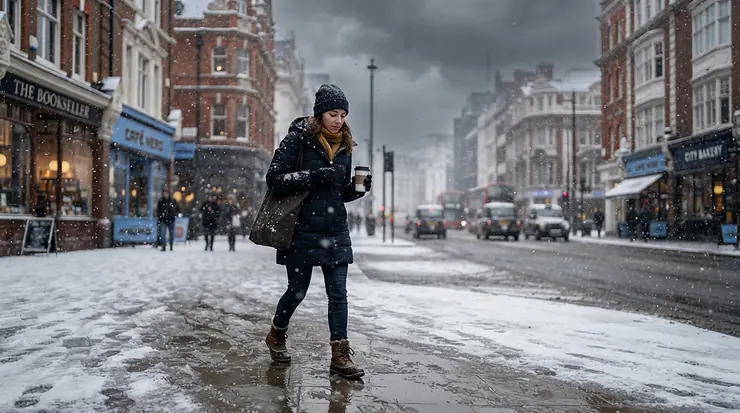 A commuter walking through heavy snow wearing insulated winter boots for Canadian winters in downtown Toronto.
