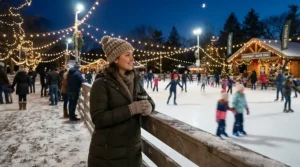A parent standing rink-side supervising children skating in insulated winter boots for Canadian winters.