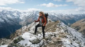 A hiker navigating a snowy mountain ridge wearing durable insulated winter boots for Canadian winters.