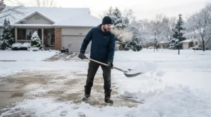 A homeowner clearing the driveway after a blizzard in insulated winter boots for Canadian winters.