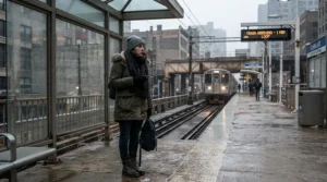 A commuter waiting for the subway platform train in insulated winter boots for Canadian winters during a cold snap.