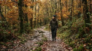 A hiker walking along a wet autumn park trail wearing men's rain boots under $60 CAD in Vancouver.