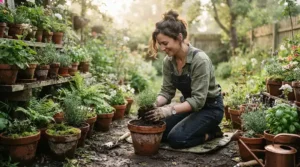 A gardener tending to wet soil while wearing affordable men's rain boots under $60 CAD in a suburban yard.